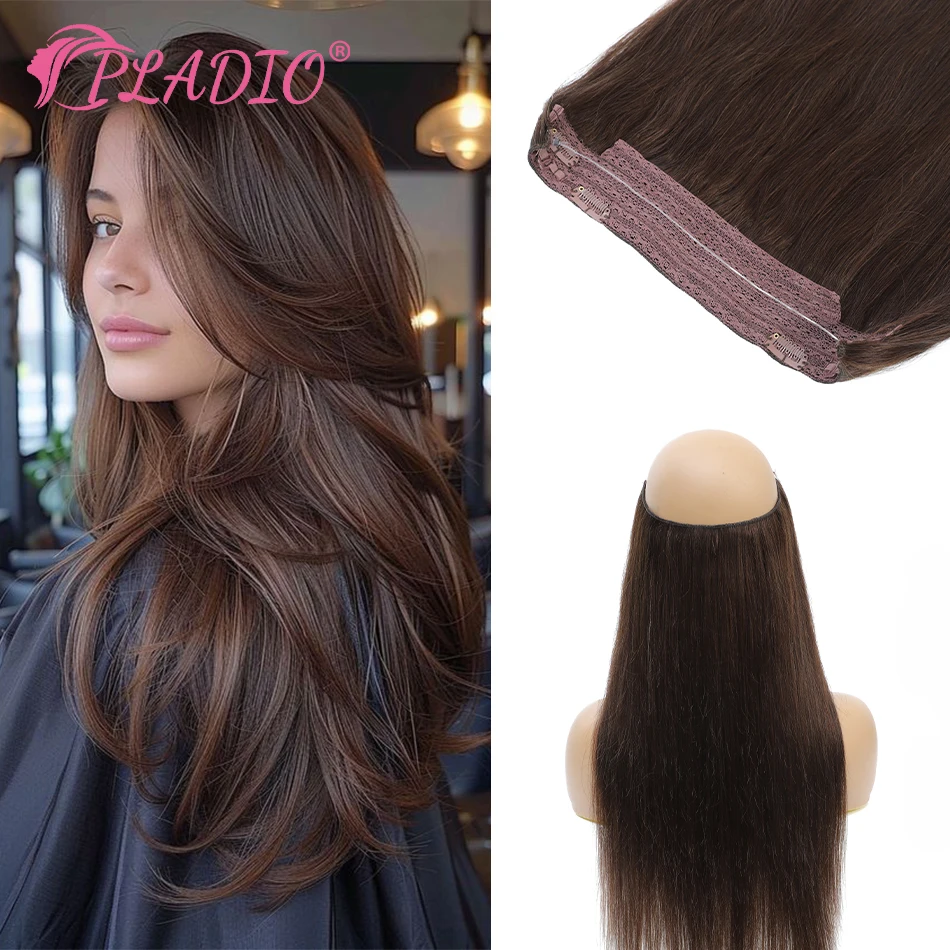 PLADIO 14-28Inch Fish Line Hair Extensions Clip in Hair Extension Real Human Hair Apply With Invisible Wire Natural Hair 4 Clips