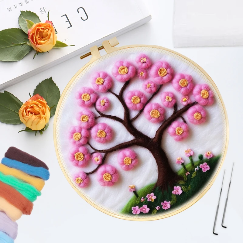 CHENISTORY Diy Needle Felting Kit For Beginners Floral Tree Design Embroidery Needle Wool Painting 7.87X7.87 Inches Craft Set