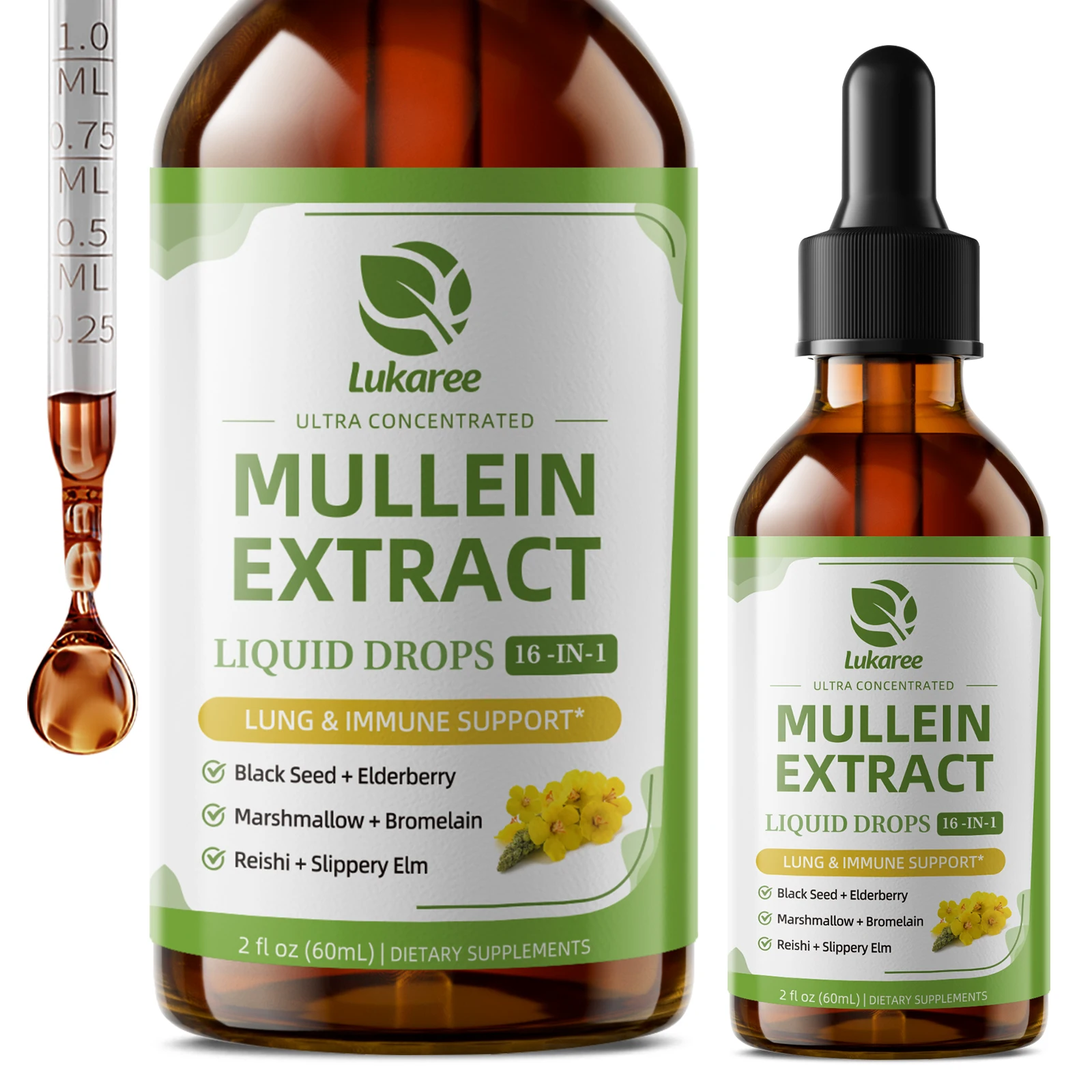 Lukaree 5 IN 1 Mullein Drop with Elderberry & Bromelain Lung Cleanse &Detox for Smokers,Mucus Relief & Respiratory Support Alcohol-Free Antioxidant Support