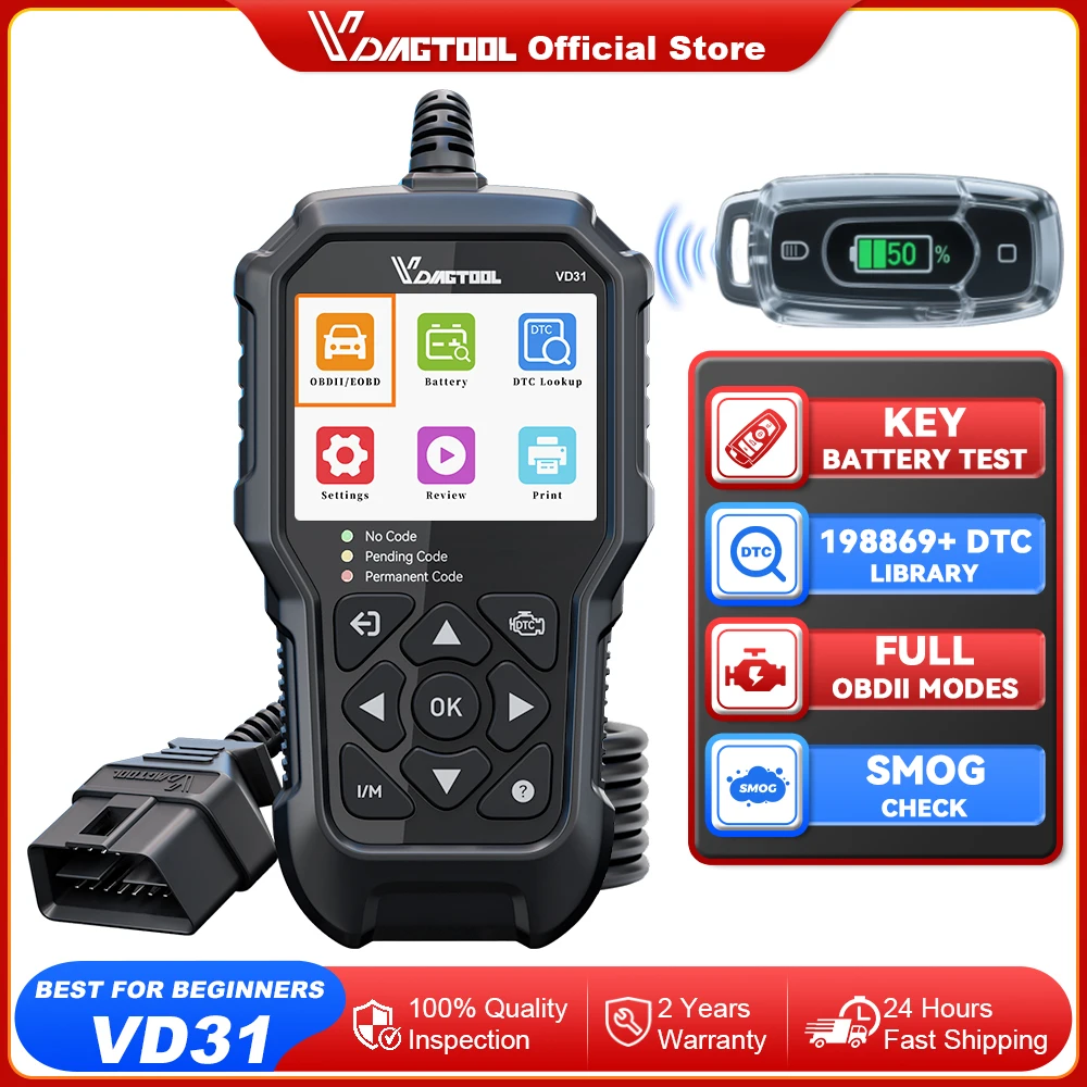 VDIAGTOOL VD31 Obd2 الماسح الضوئي أداة تشخيص السيارة مع مفتاح جهاز اختبار بطارية فحص قارئ رمز المحرك لجميع مركبات obdii 1996 + #1
