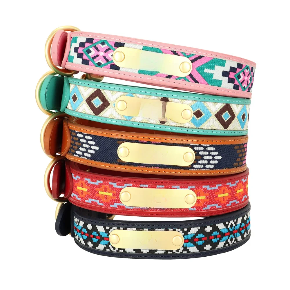 Collier de chien en cuir brodé ethnique, personnalisé, fait à la main, pour petits, moyens et grands chiens et chats, fournitures pour animaux de compagnie