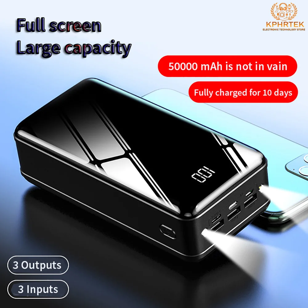 

50 шт. Power Bank сверхбольшой емкости 50000 мАч, зеркало с цифровым дисплеем и реальной этикеткой, двусторонняя быстрая зарядка, мобильный источник питания