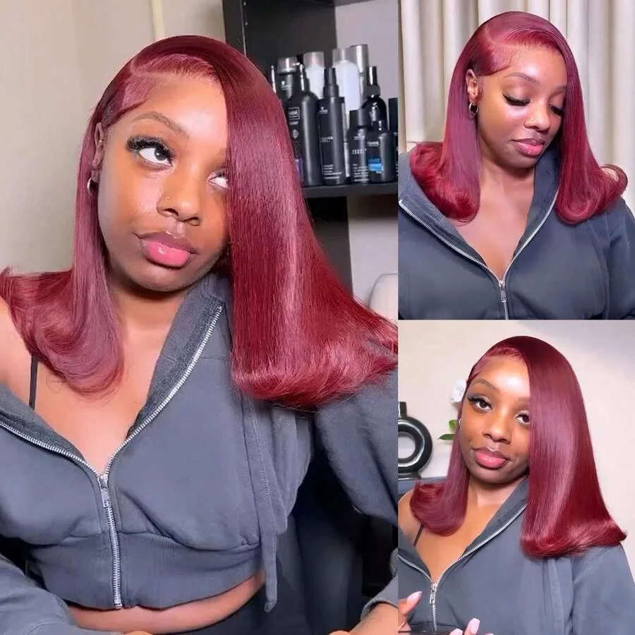 Peluca Bob corto 13X4 recta 99J encaje transparente 13x4 peluca Bob frontal 100% pelucas de cabello humano 99J pelucas Borgoña de colores brasileños