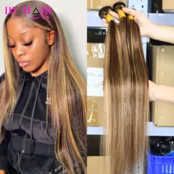 Extensiones de cabello humano liso para mujer, mechones de pelo rubio y marrón, extensiones de tejido de color P4/27