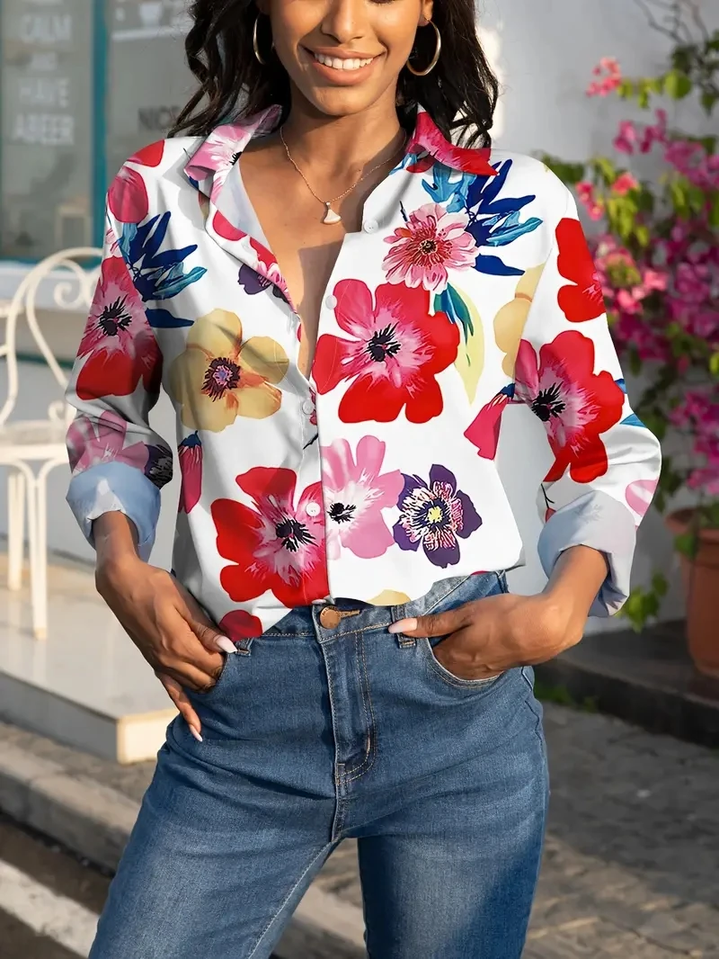 Fashion Women\'s Shirts & Blouses,Elegance Flowers Print Shirts,2024 Spring & Summer Women\'s Clothing Long Sleeve Blouse Tops