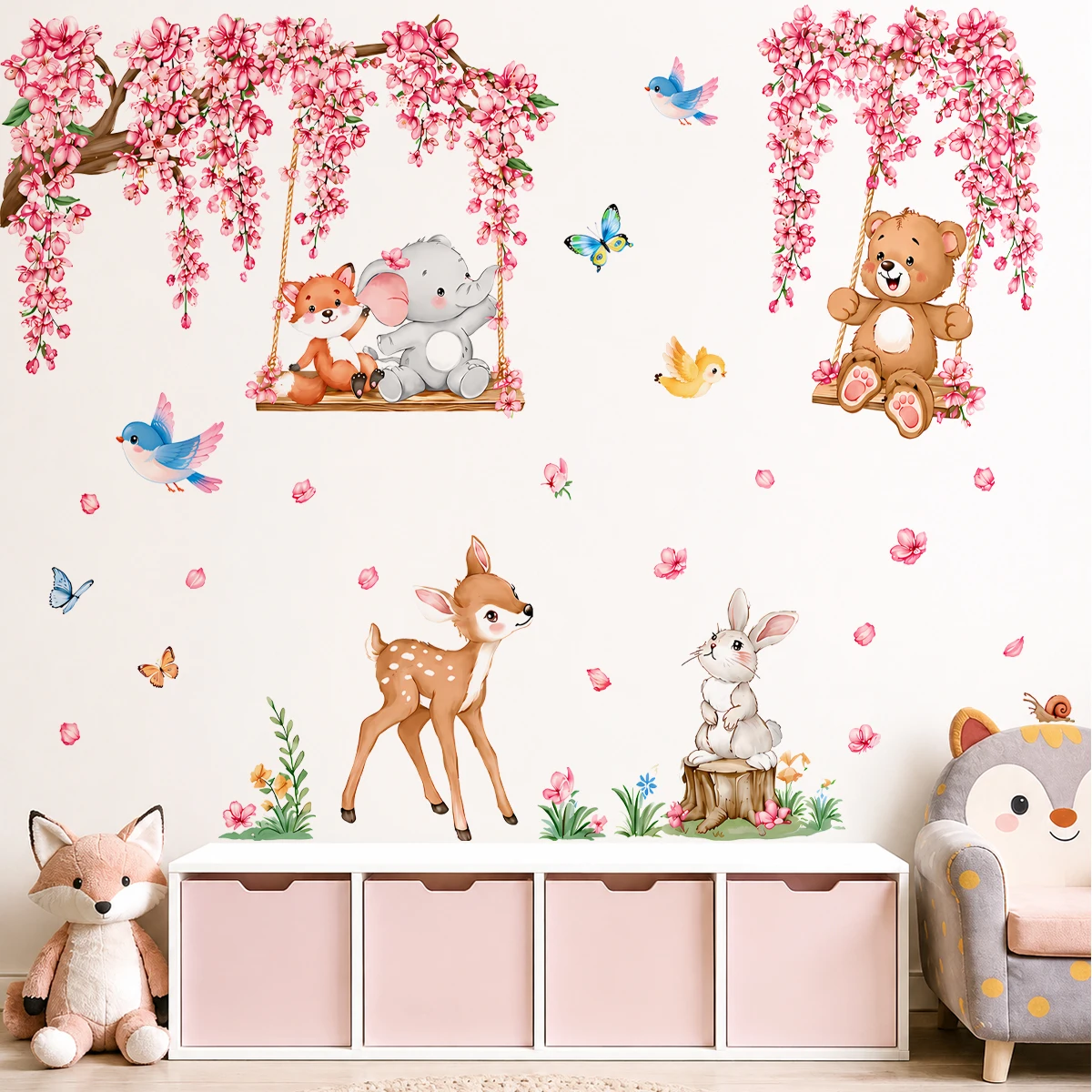 Woodland Animal Wall Decal for Nursery Kids Bedroom Cute Deer Bunny Bear Elephant Pink Blossom Wall Stickers Baby Room Decor
