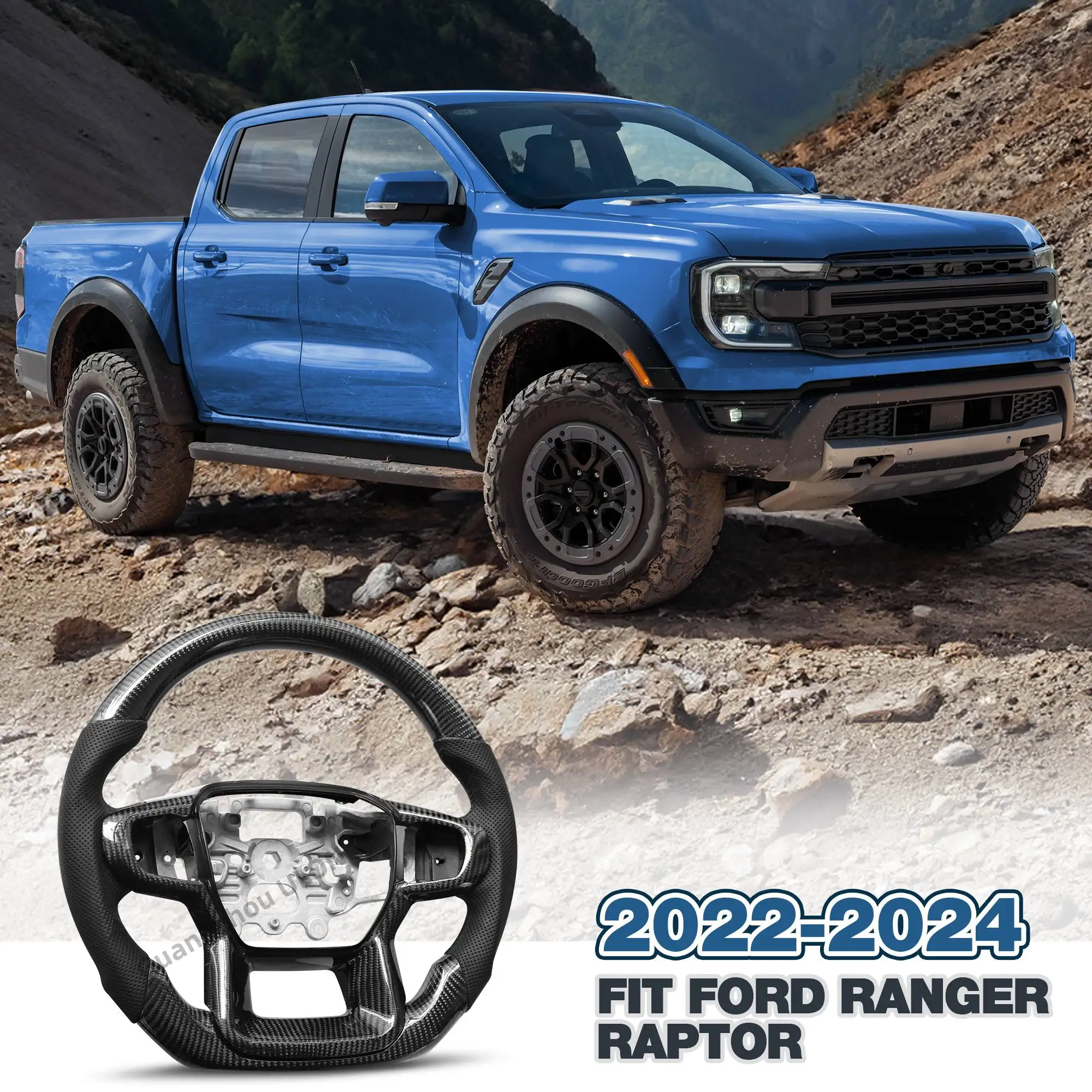 

Steering Wheel for Ford Ranger 2022-2023 Nappa Perforated Leather with Hand Stitching D-shaped, Carbon Fiber Wheel