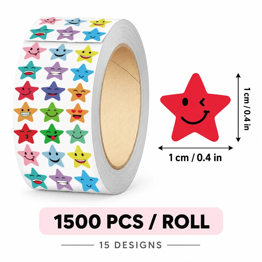 1500 Pcs Star Expression Stickers Roll, 15 Designs Colorful Positive Face Labels, Self Adhesive Mini Star Stickers for Journals
