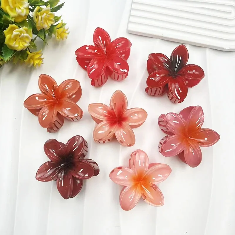 Offre spéciale pince à cheveux fleur rouge épingle à cheveux à la main filles dégradé Frangipani élastique pour queue de cheval Barrette Simple mariée diadèmes coiffure