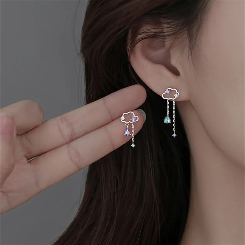 New Fashion Crystal Zircon Cloud Rain Tassel Earrings For Women Exquisite Flower Asymmetrical Earring Party Christmas Jewelry