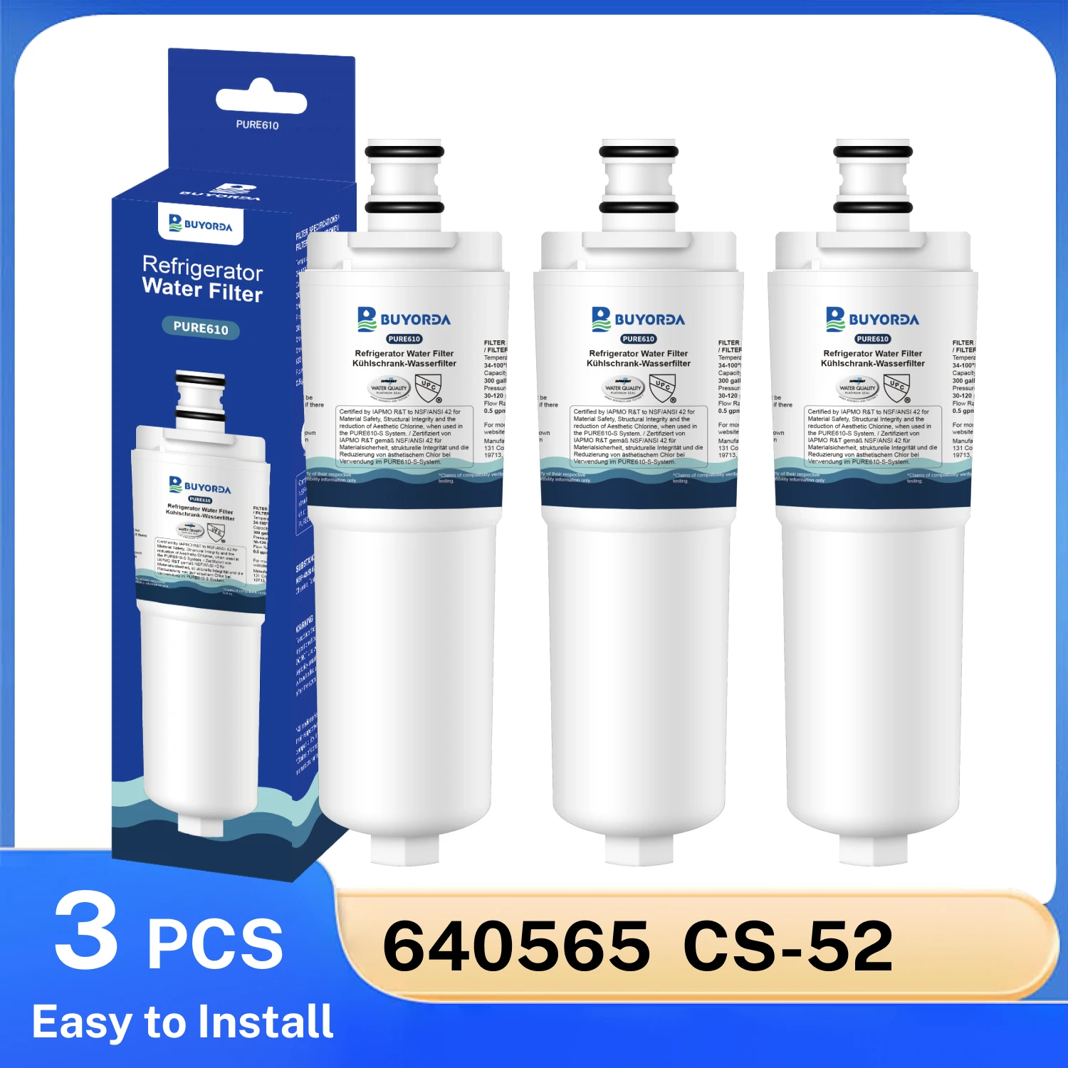 

Фильтр для воды для холодильника 640565, замена для Bosch, Indesit EVOLFLTR10, Whirlpool WHKF-R-PLUS, угольный блок, 3 штуки в упаковке