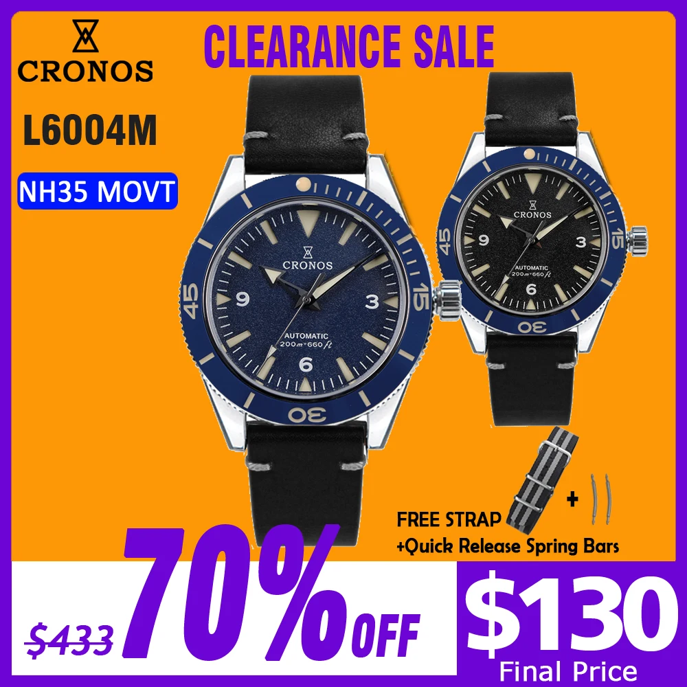 Cronos 300 Diver Men Watch Sandwich Dial Automatic NH35 200M Water Resistant Rotating Leather Strap