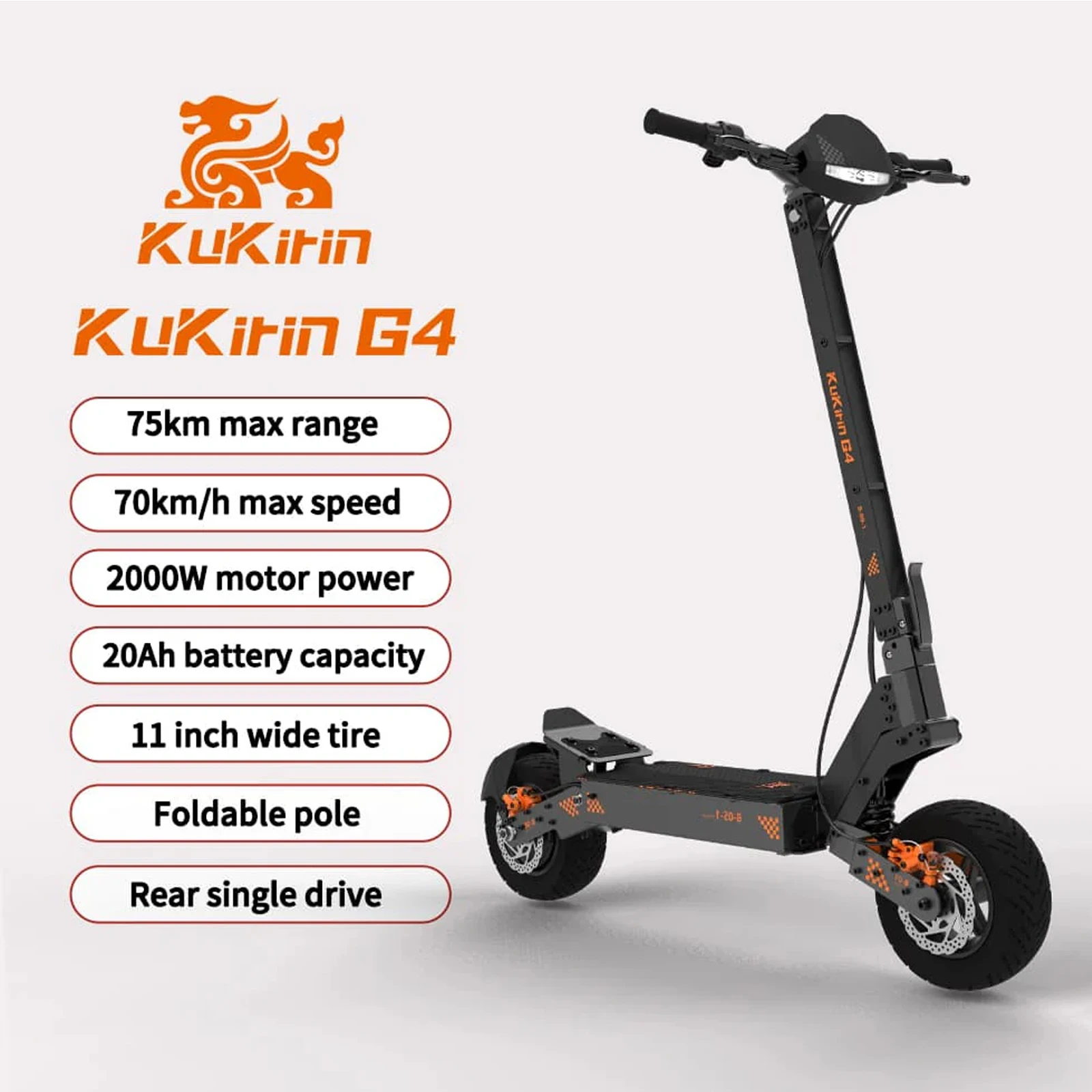 Trottinette électrique KuKirin G4 |   Moteur 2000W |   Batterie 60 V 20 Ah |   Vitesse 70 km/h |   Portée de 75 km |   Etanche IP54 |   Pneus 11 pouces