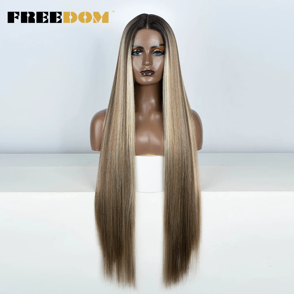 VRIJHEID Rechte Synthetische Kant Voor Vrouwen 38 Inch Lange Ombre Bruin Rood Blond Hoogtepunt Kant Frontale Pruiken Cosplay Pruik