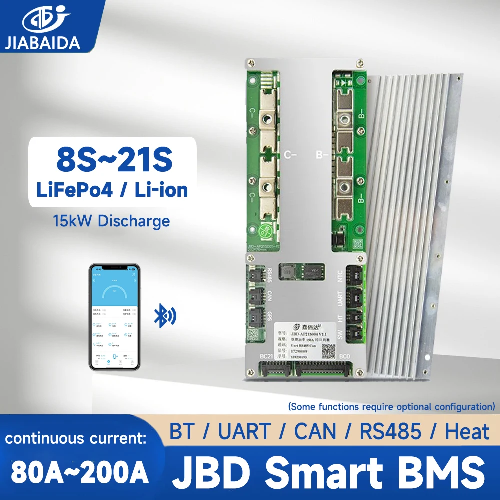 JIABAIDA BMS for 8S~21S LiFePo4 Li-ion 10S 12S 13S 14S 16S 17S 20S Battery 80A 100A 120A 150A 200A Current BT UART JBD Smart BMS