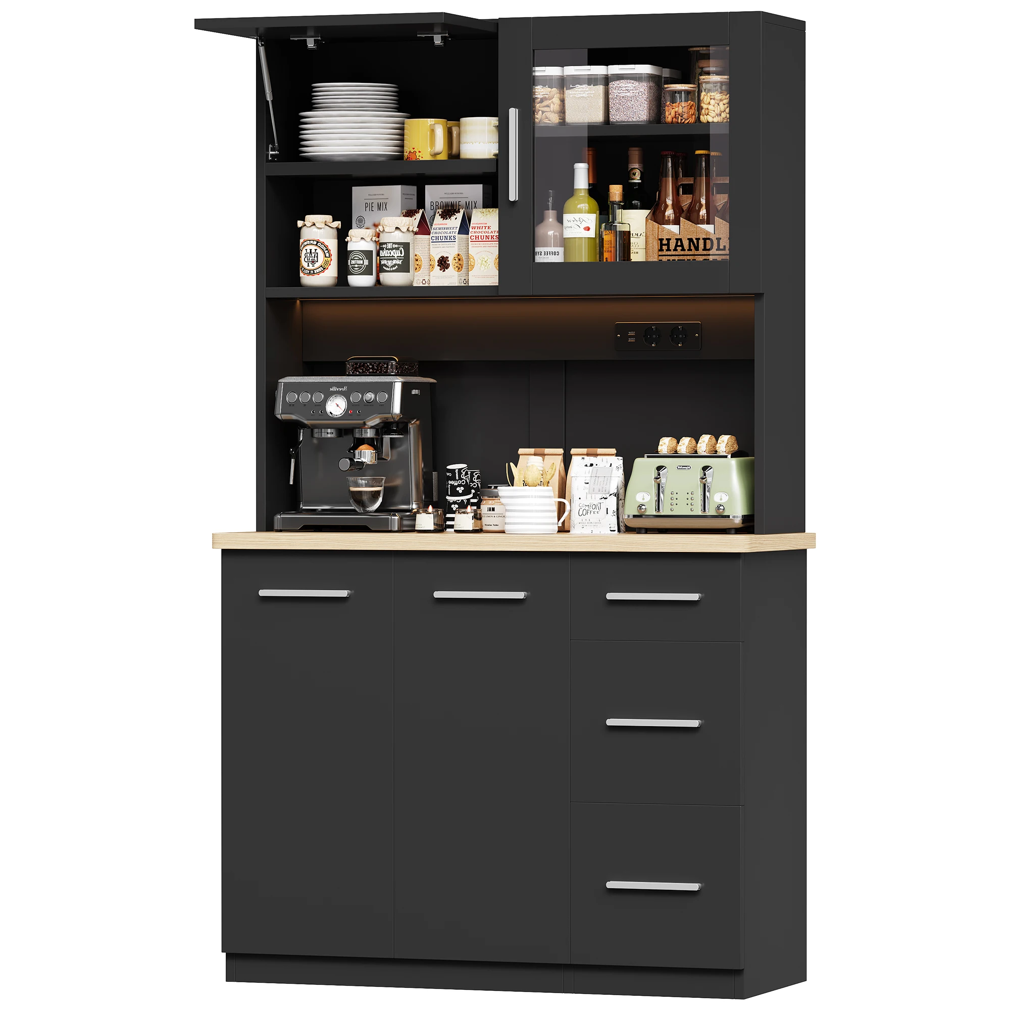 Devoko keukenkast koffiebar met stopcontacten & LED, hoge plank met glazen kast & 3 laden, 100x40x182 cm, antraciet