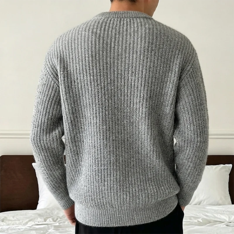 Neuer Herren-Strickpullover in Unifarben für Frühling und Herbst, Lässiger Modischer Pullover mit Gerippter Textur, Langen Ärmeln und Rundhalsausschnitt – Detail 28