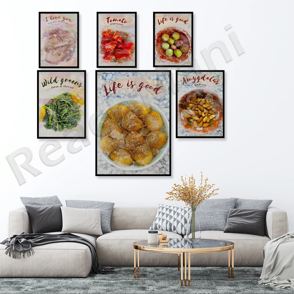 Póster de cocina, verduras frescas, queso a la plancha, tomate, higo, donut con miel, planta de almendras, regalo para amantes de la gastronomía, hermosa decoración de pared