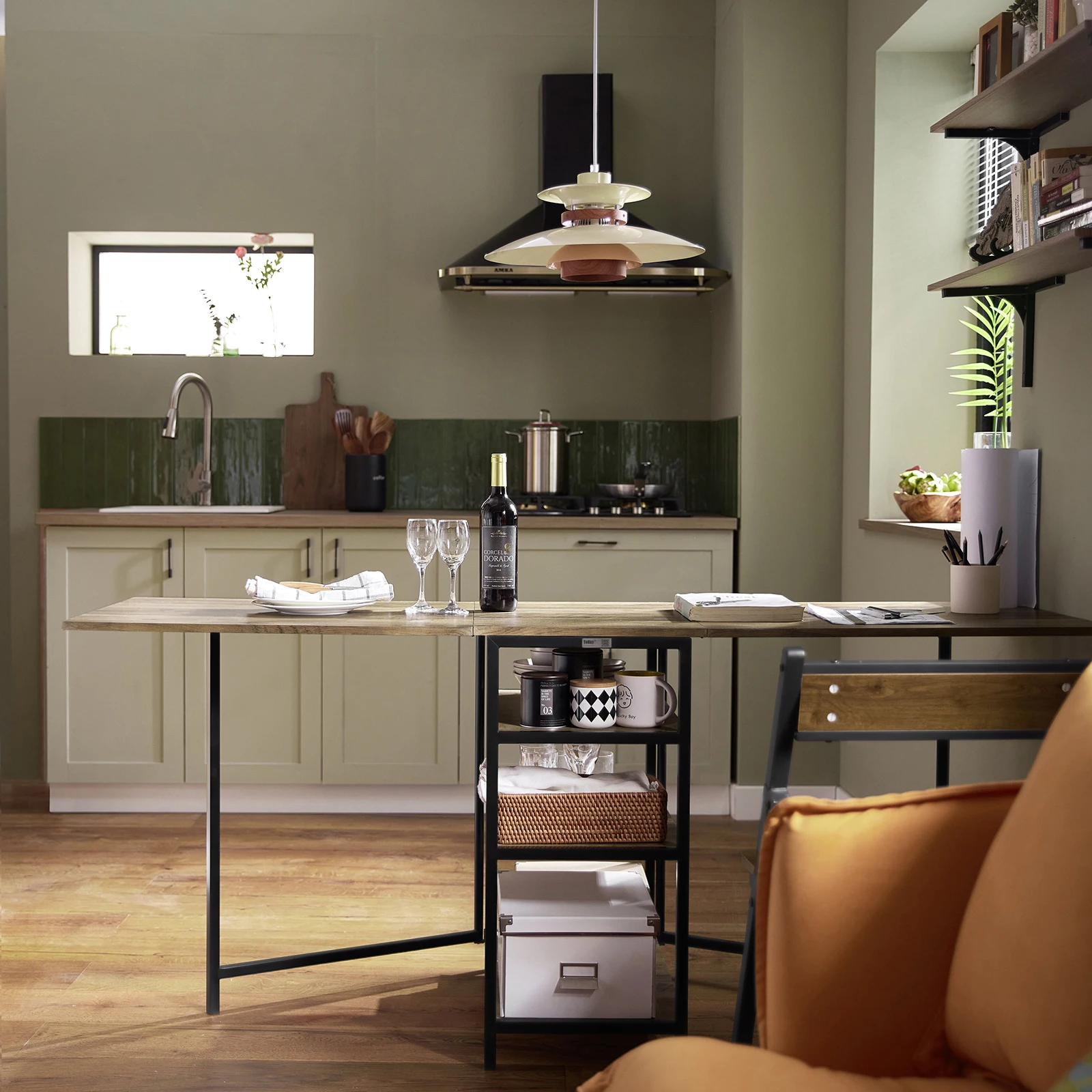 SoBuy FWT62-N mesa de comedor plegable con 3 estantes mesa plegable mesa de cocina mesa de madera diseño industrial