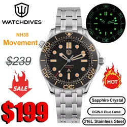 Watchdives WD007 39mm NTTD Dive Watch NH35 Movement Domed Sapphire 20Bar Waterproof Fly Adjustment Clasp Luminous Men Wristwatch