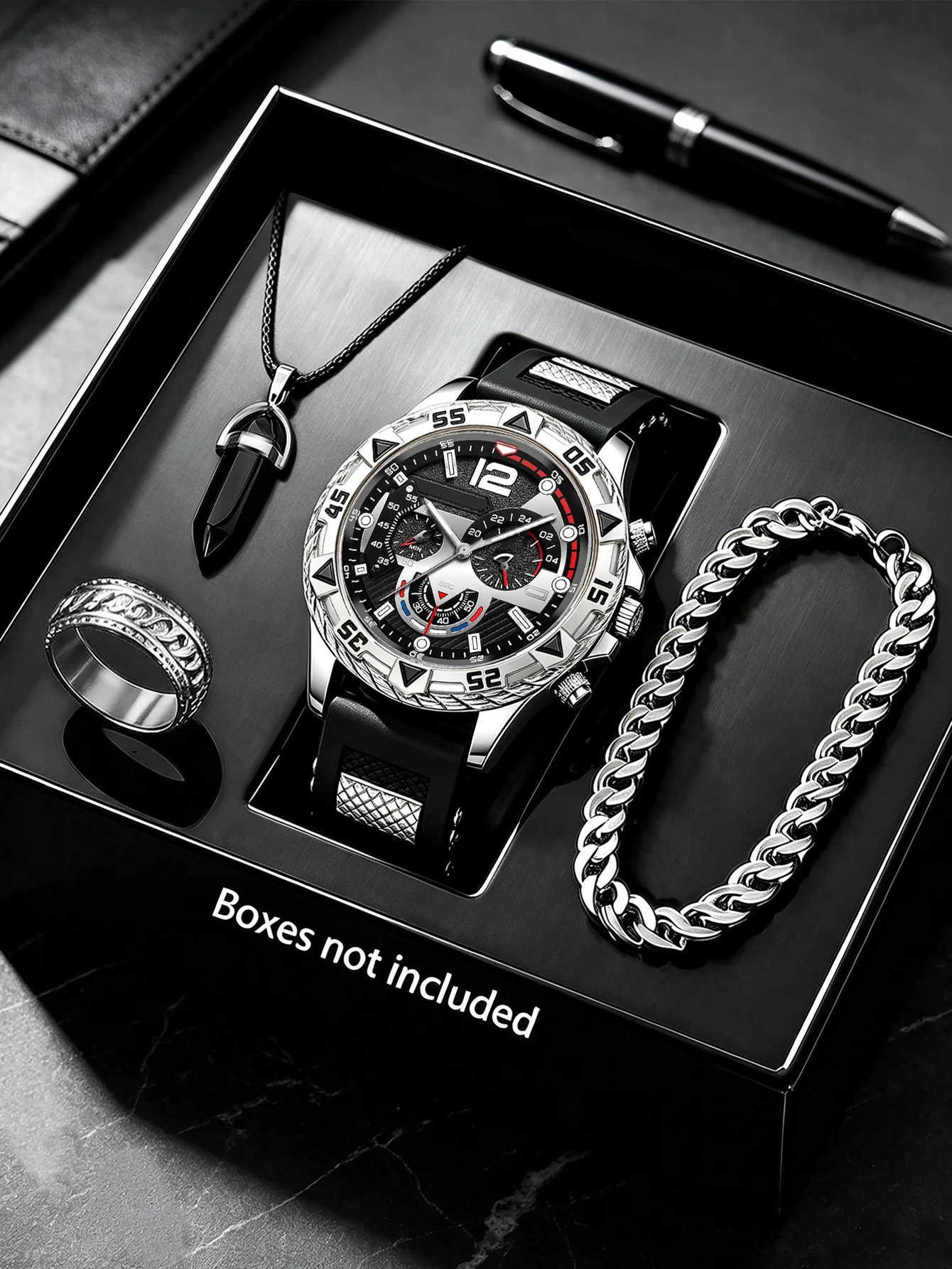 3-Piece Set, Casual and Fashionable Quartz Watch with Matching Color Accessories, Cool Black Style, Versatile and Durable, Suitable for Daily Commuting and Dating, with Precise Timekeeping, Ideal for Personal Use or as a Gift