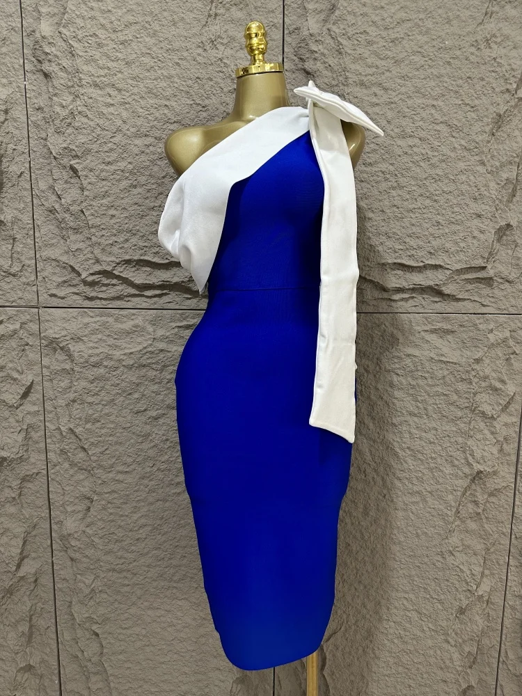

Summer New Women's Style One Shoulder Bow Bandaged Dress Splicing Prome Party Banquet Dress Short Skirt