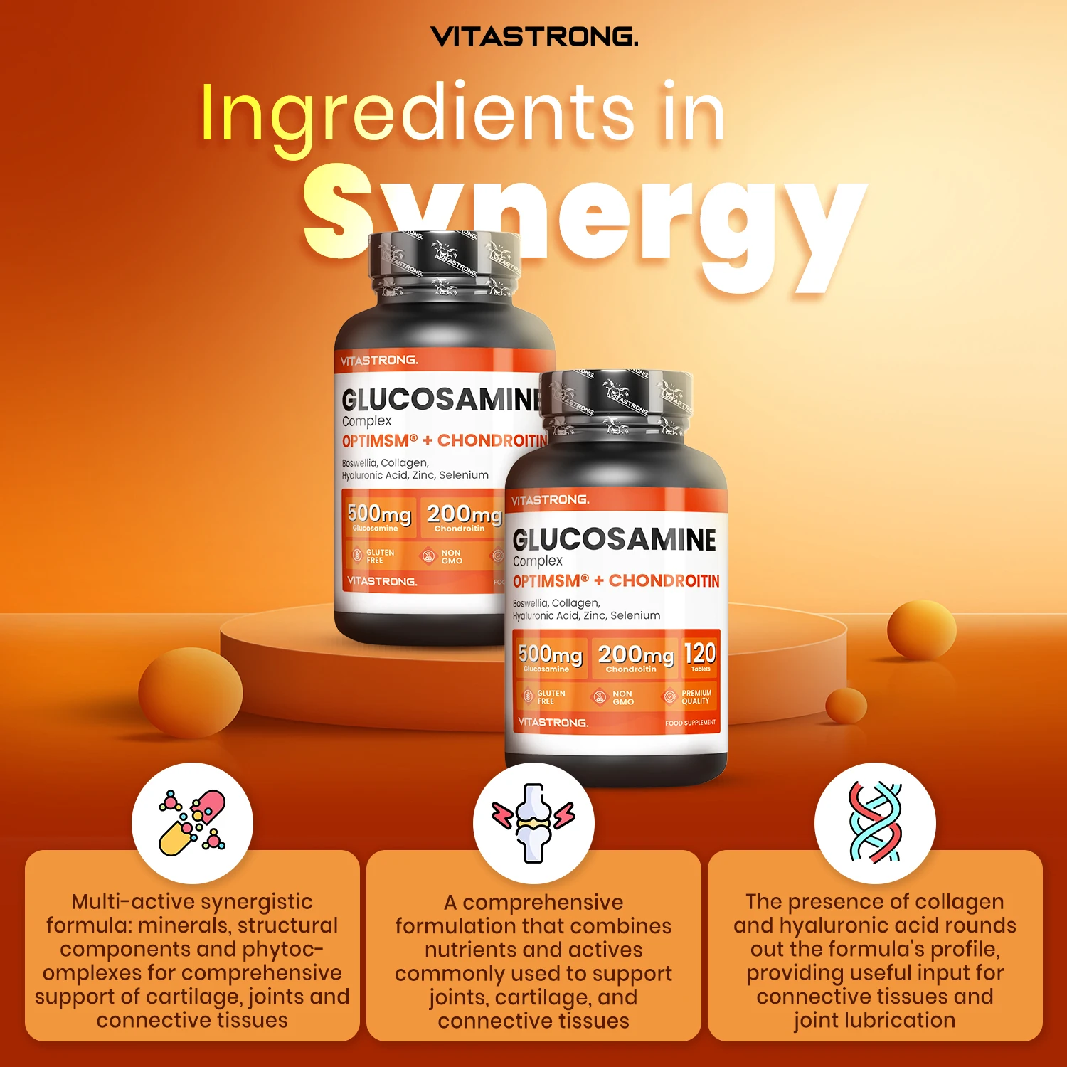 Vitastrong Glucosamine Chondroitin مع MSM، الكولاجين وحمض الهيالورونيك، الزنك، السيلينيوم، المنغنيز، Boswellia، مكمل MSM المركب الجلوكوزامين، العظام، المفاصل، الغضروف، جودة ممتازة