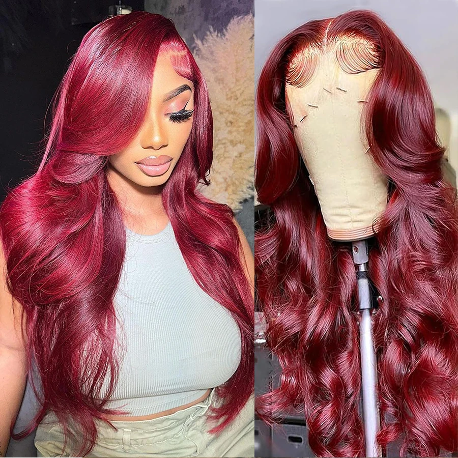 99J Burgundy Body Wave Lace Front Wigs Human Hair 13x4 13x6 HD Transparent Frontal Wigs Human Hair Pre Plucked for Women 180%