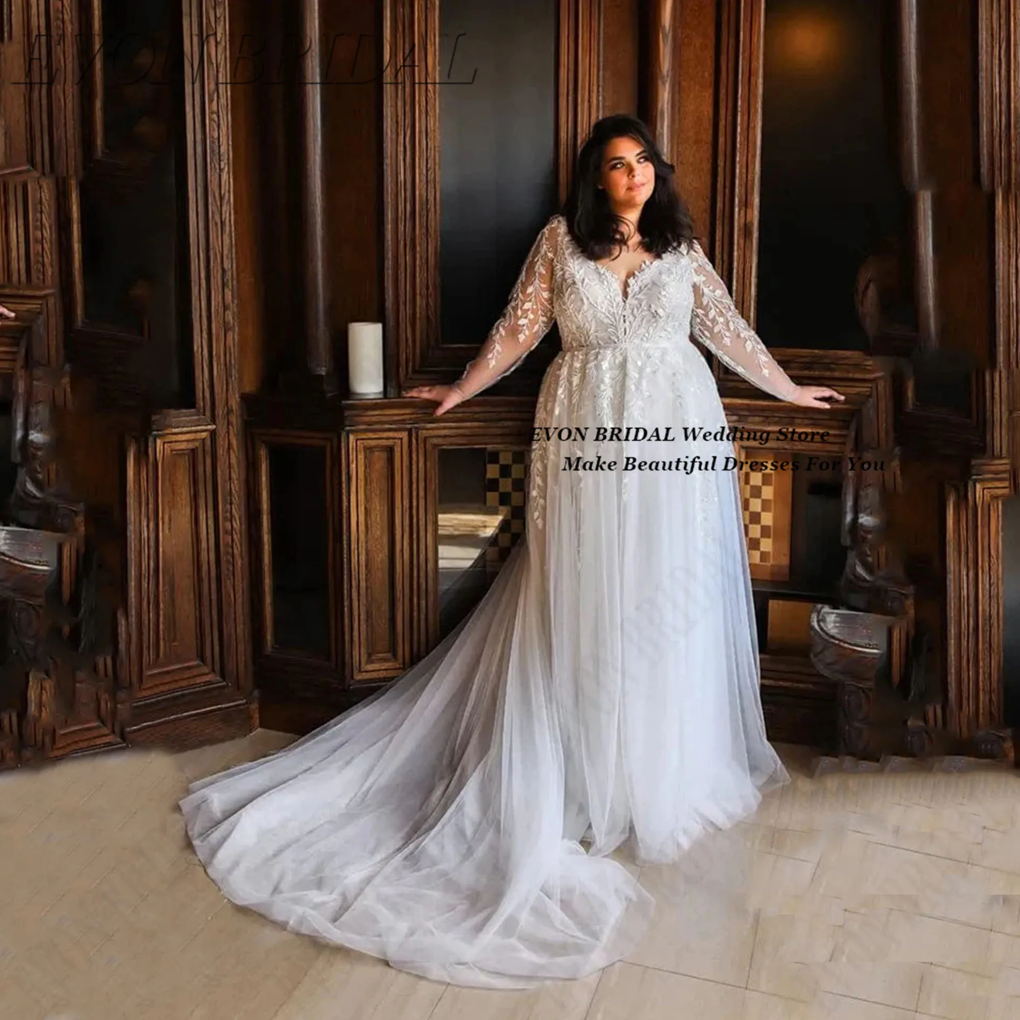 

Fashion Oversize Wedding Dress Tulle Wedding Dresses With Small Train Exquisite Appliques Bridal Party Gown EVON BRIDAL Customiz