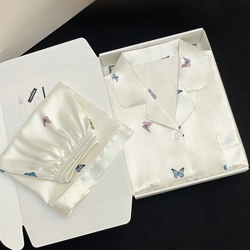 Zestaw piżamy damska wiosna lato 2 sztuka nadruk motyl piżama sztuczny jedwab satynowa bielizna nocna z krótkim rękawem Pijama Mujer Pjs home wear — zdjęcie 2