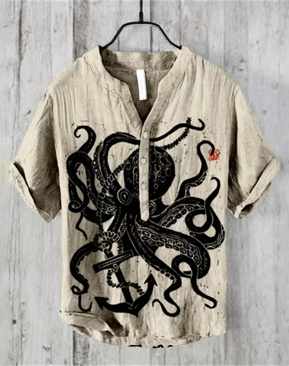Henry Shirt - Nouvelle chemise décontractée à manches courtes pour hommes, hauts de tenue décontracté au quotidien, chemise imprimée poulpe, tailles S à 5XL expédition rapide