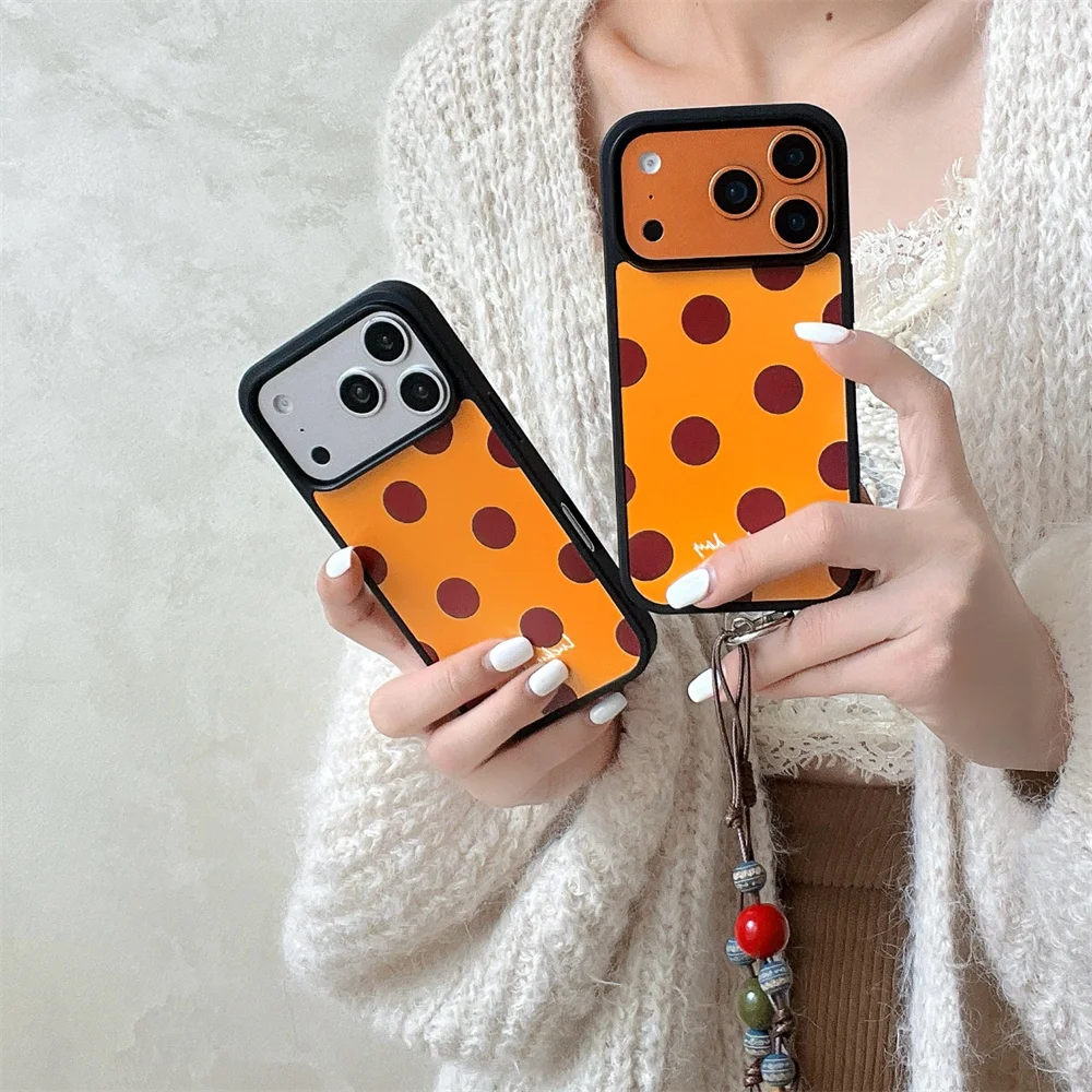 Casing HP Korea INS motif polkadot cokelat simpel untuk iPhone 17 Pro 13 14 15 16 Pro Max dengan rantai, lucu, Funda, anti-benturan