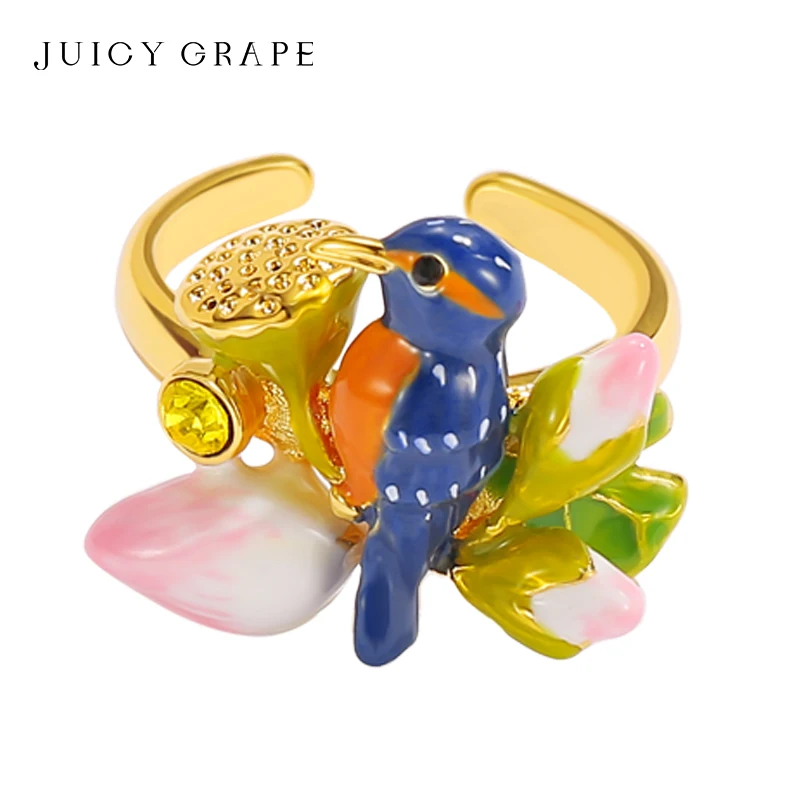 

18K Gold Plated Rings For Women With Luxry Jewery 3d Lotus Kingfisher Rings Handmade original enamel design Birthday Fine Gift