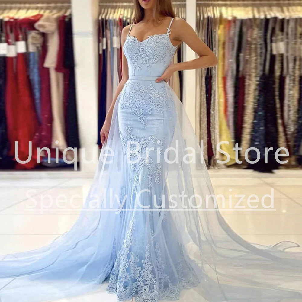 

Light Blue Mermaid Prom Dress V-Neck Spaghetti Strap Zipper Sleeveless Applique With Drap Sweep Train Vestidos Para Mujer Gala