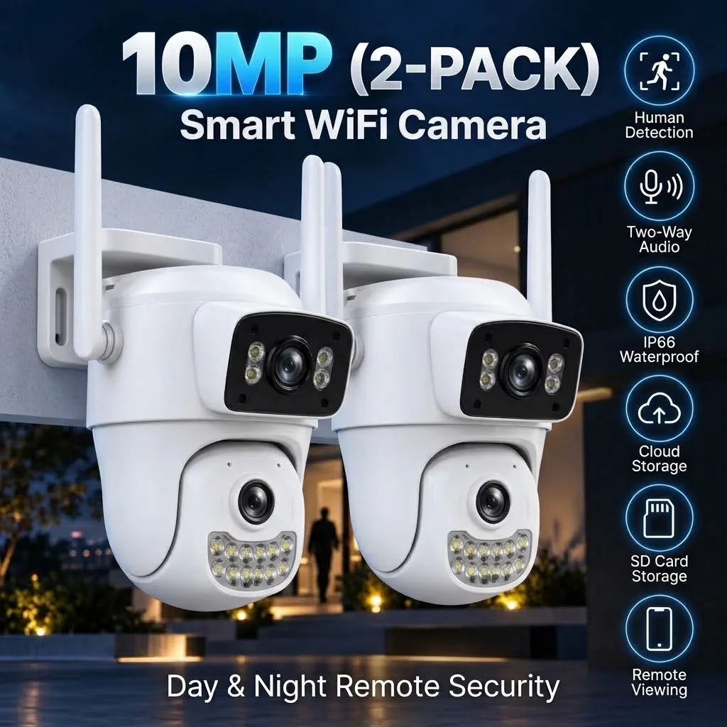 Telecamera IP di sicurezza wireless per esterni con doppia lente, risoluzione 4K e 10 MP, funzione PTZ e Wi-Fi, con sistema di tracciamento automatico. Confezione con due telecamere, ideale per la