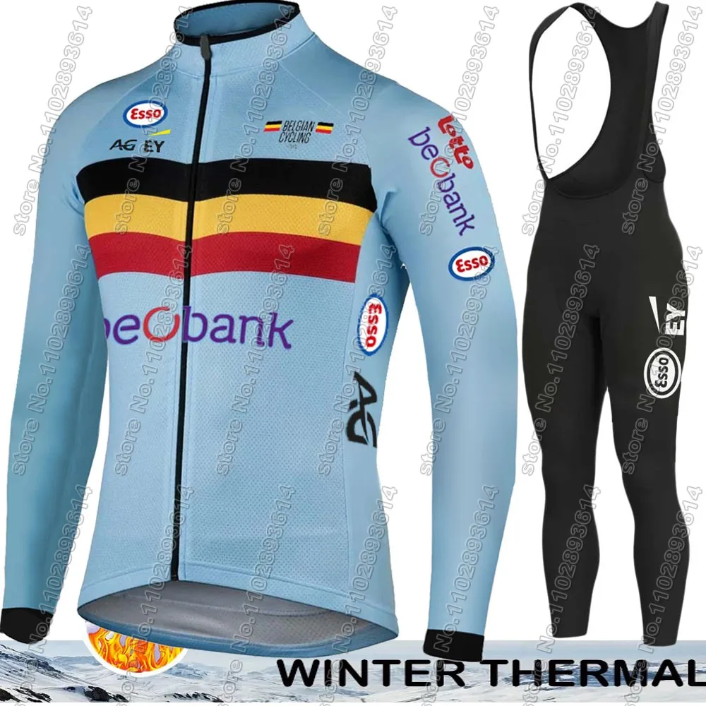 Winter Belgium 2024 Team Cycling Jersey Set Long Sleeve Blue Belgian National Team Clothing Road Race Bike Jacket Suit MTB