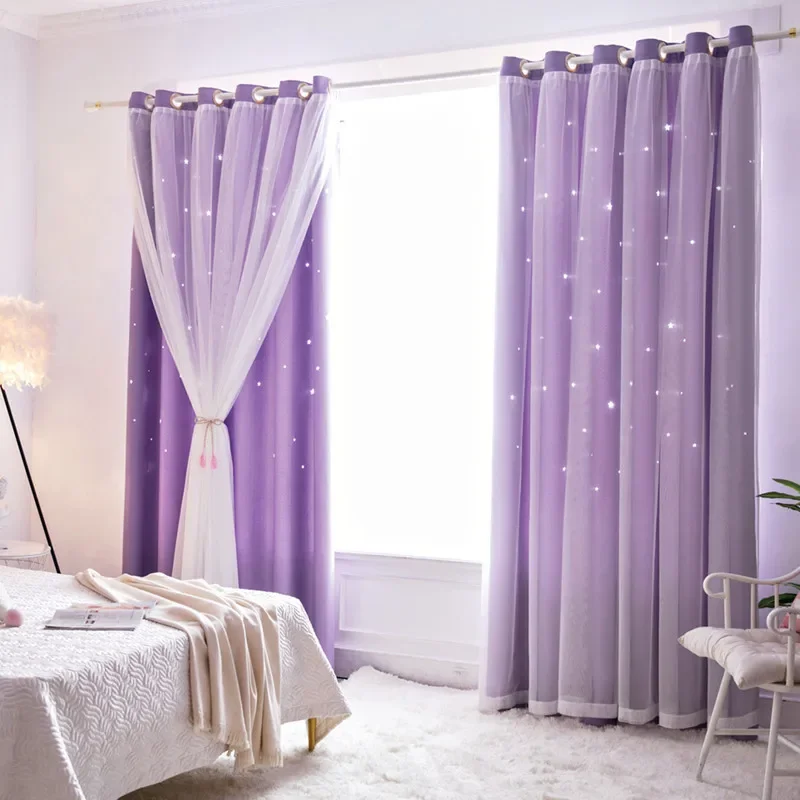 Kostenlose Anpassung, Kindervorhang, ausgehöhlte Sterne, Fenstervorhang, doppellagig, durchsichtige Verdunkelungsvorhänge für Mädchen, Schlafzimmer, Kinderzimmer