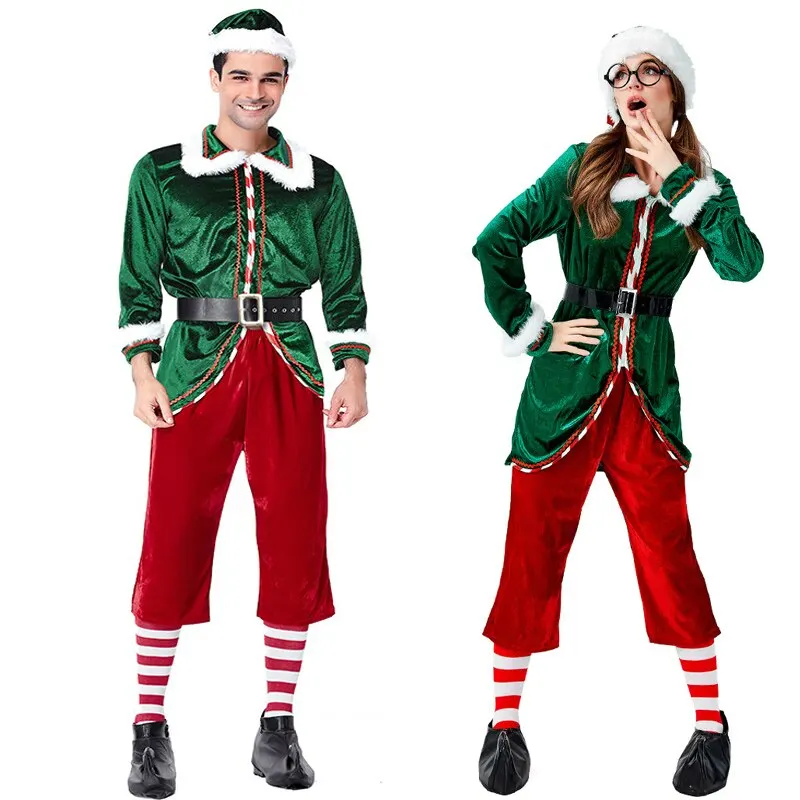 Women Men Christmas Elf Tree Santa Claus Costume Santa's Helper Green Elf Cosplay Velvet Fancy Dress Adult