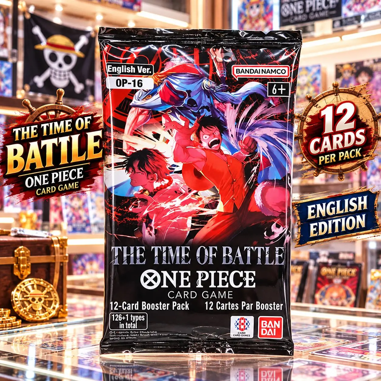 1 Pack One Piece Card Game OP-16 The Time of Battle Booster Pack – 12 Cards, English Edition, Factory Sealed Trading Card Game Expansion, Paramount War Collection for Anime Fans, TCG Players & Collectors