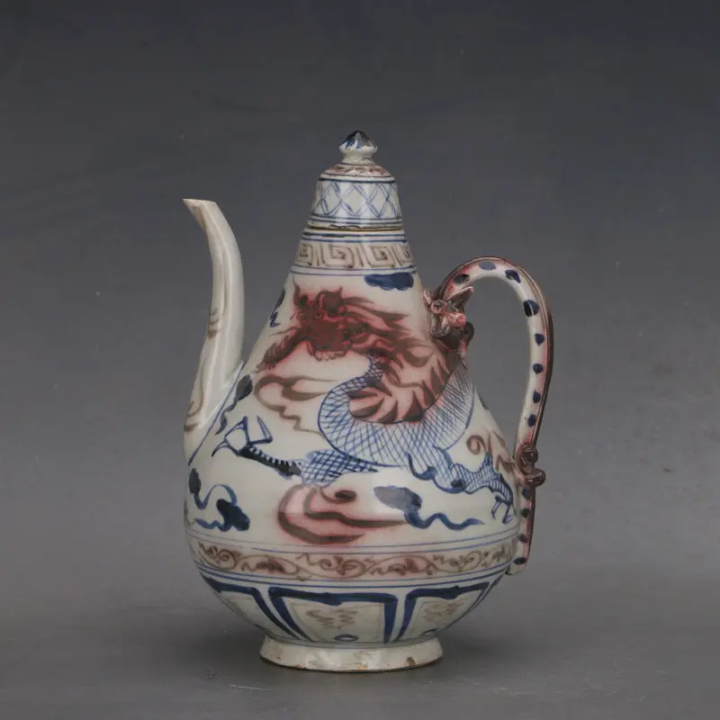 Ming Xuande Style Blue White Underglaze Red Dragon Tower Ewer Jingdezhen Antique Replica Home Decor Ornament