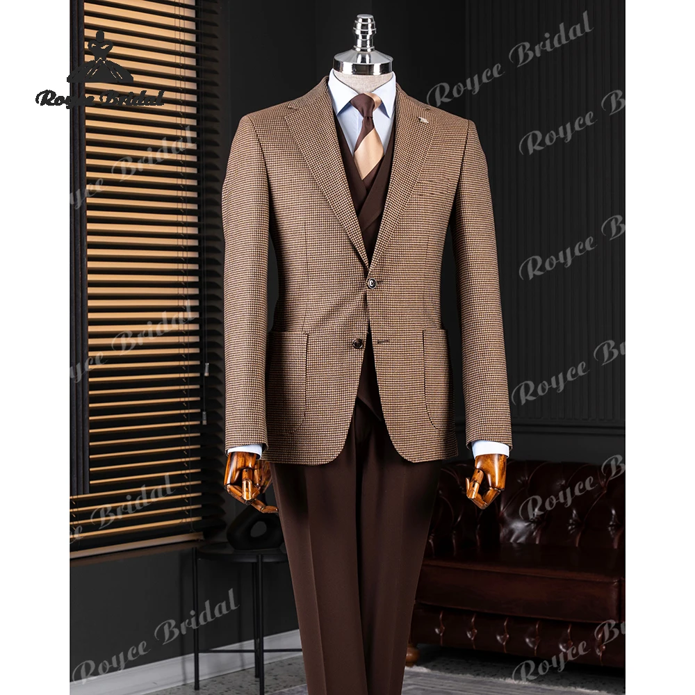 Brown Houndstooth Three Piece Single Breasted Men's Wedding Suit 2026 Notch Lapel Business Suit Customized trajes para hombre