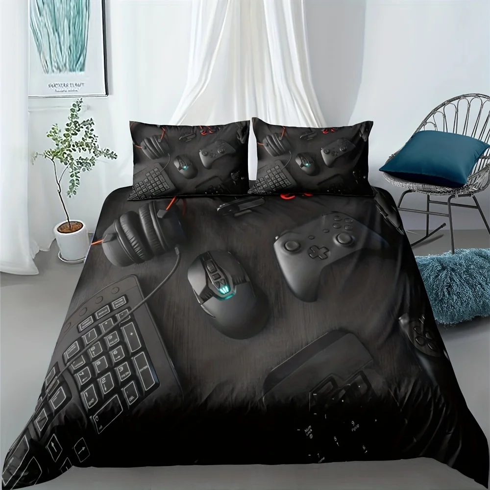 2/3pcs Modern Gamepad Print Duvet Cover Set (1Duvet Cover+1/2Pillowcase), Youth Video Game Controller Mouse Keyboard Headphone