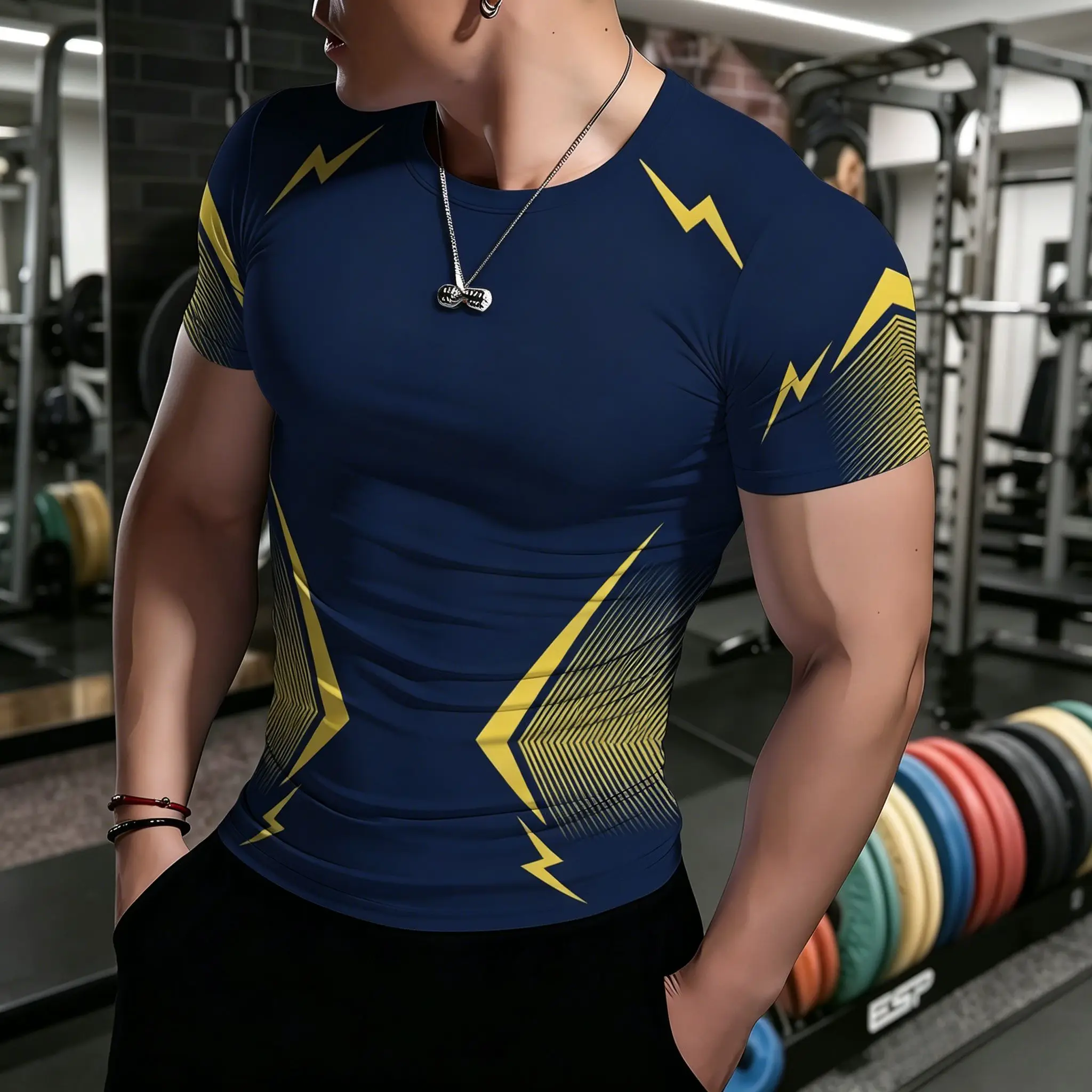 Men's Navy Yellow Lightning Graphic Compression T-Shirt, Gradient Line Print Stretch Quick Dry Crew Neck Short Sleeve Tee For Gy