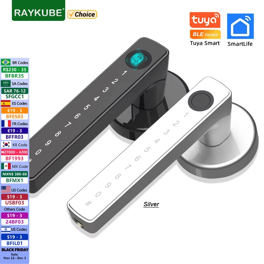 RAYKUBE M5 Tuya BLE Smart Fingerprint Door Lock Electronic Lock with Password/Key/Tuya APP Unlock Passage Mode For Bedroom