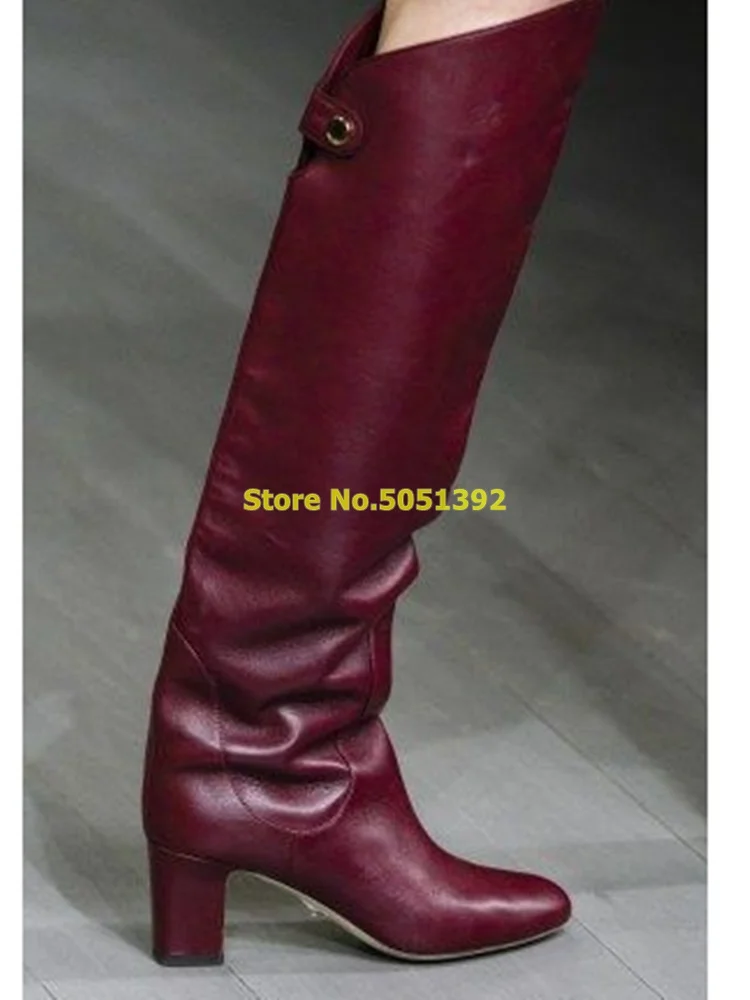 Burgundy Block Heel Knee High Boots Round Toe Slip On Medium Heel Solie Leather Fashion Women Boots