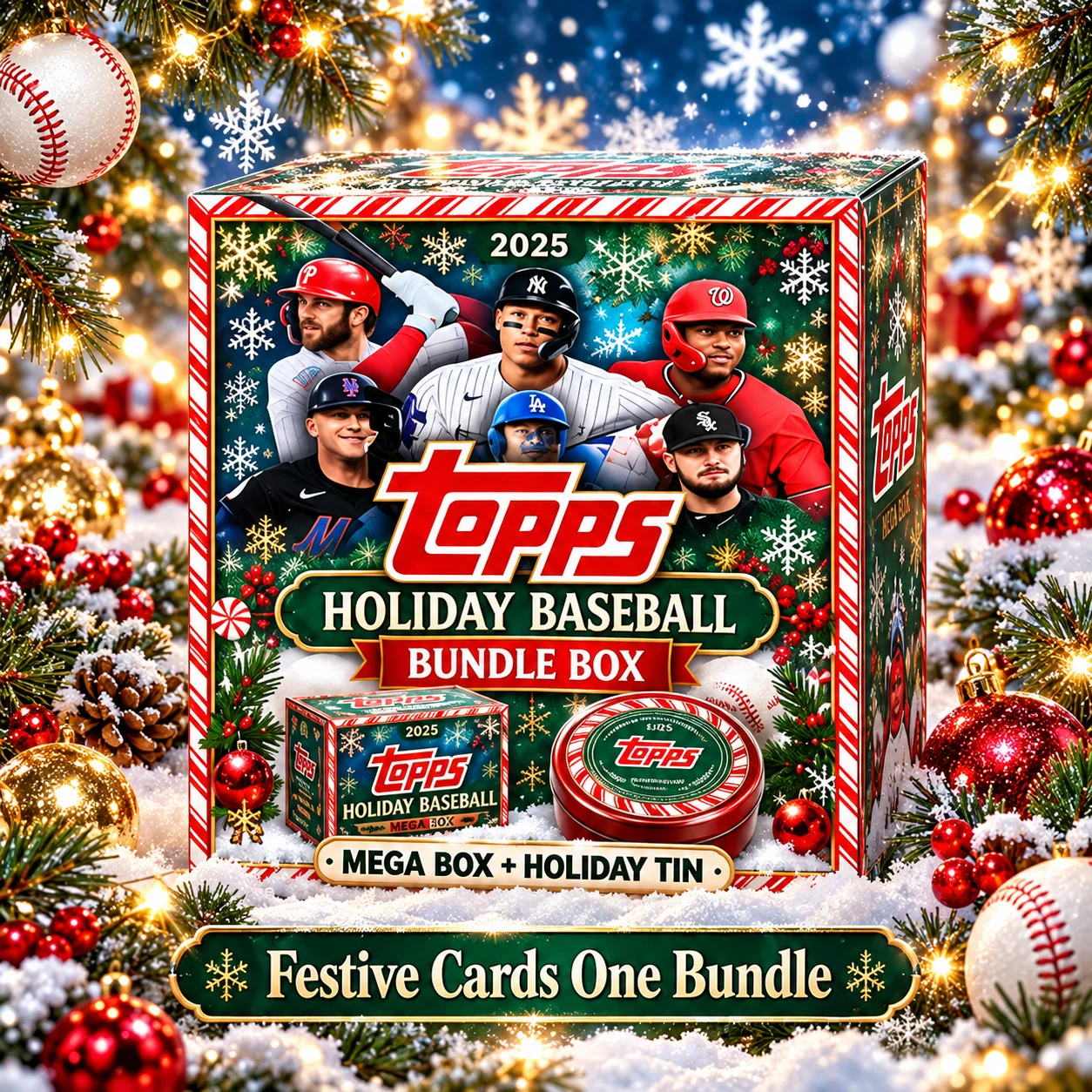 2025 Topps Holiday Baseball Mega Box With 2025 Topps Holiday Baseball Tin, 159 Cards MLB Baseball Trading Cards Bundle, Look for 1 Autograph, Memorabilia or Chrome Variation, 5 Glitter Holiday Parallels And 6 Holiday Lights Parallels on Average