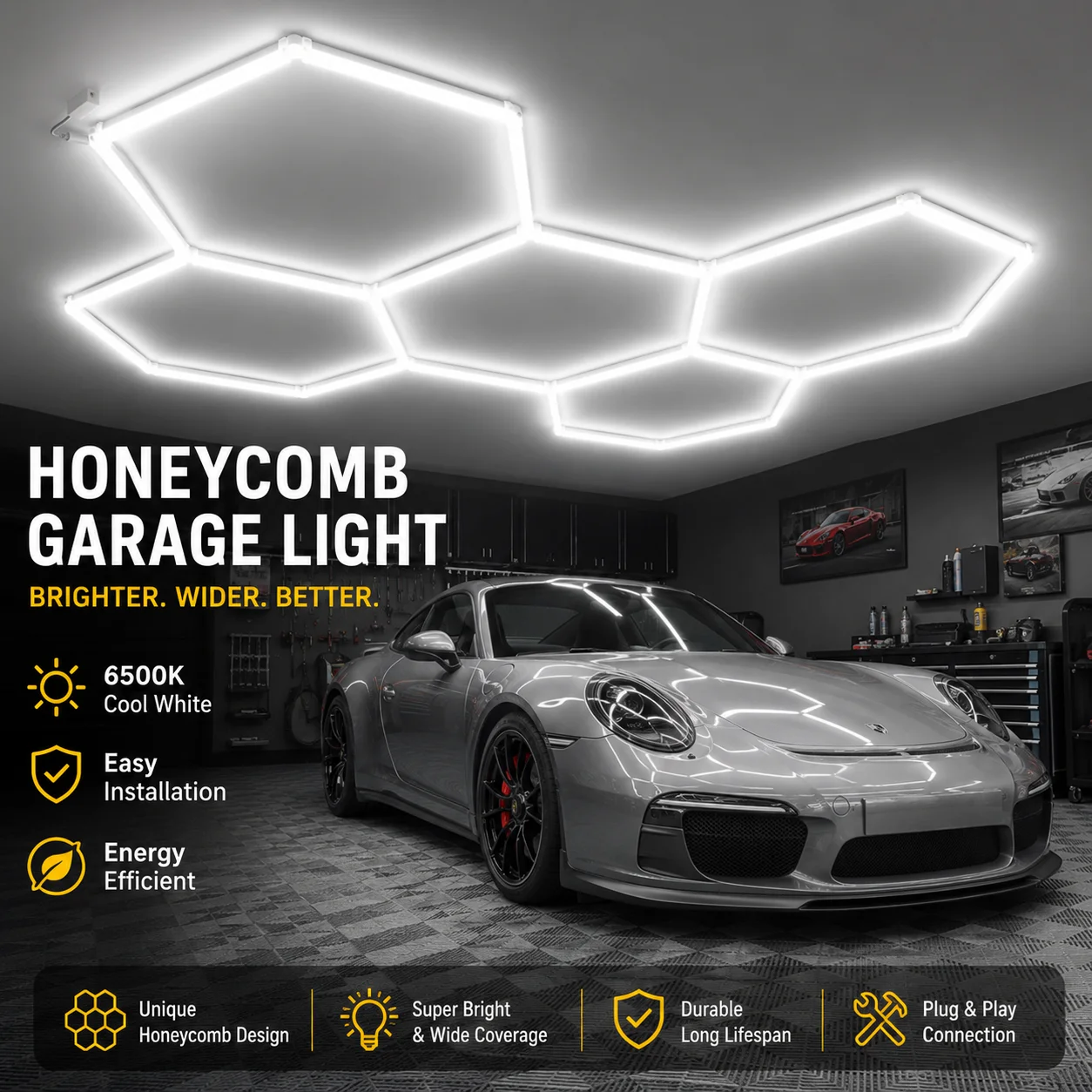 Lampe LED hexagonale en nid d'abeille DIY pour garage, 6500K, lumière du jour ultra-lumineuse, luminaire de plafond, panneau LED haute luminosité pour garage, atelier, sous-sol, salle de sport, atelier de detailing automobile, garage de réparation automobile, entrepôt