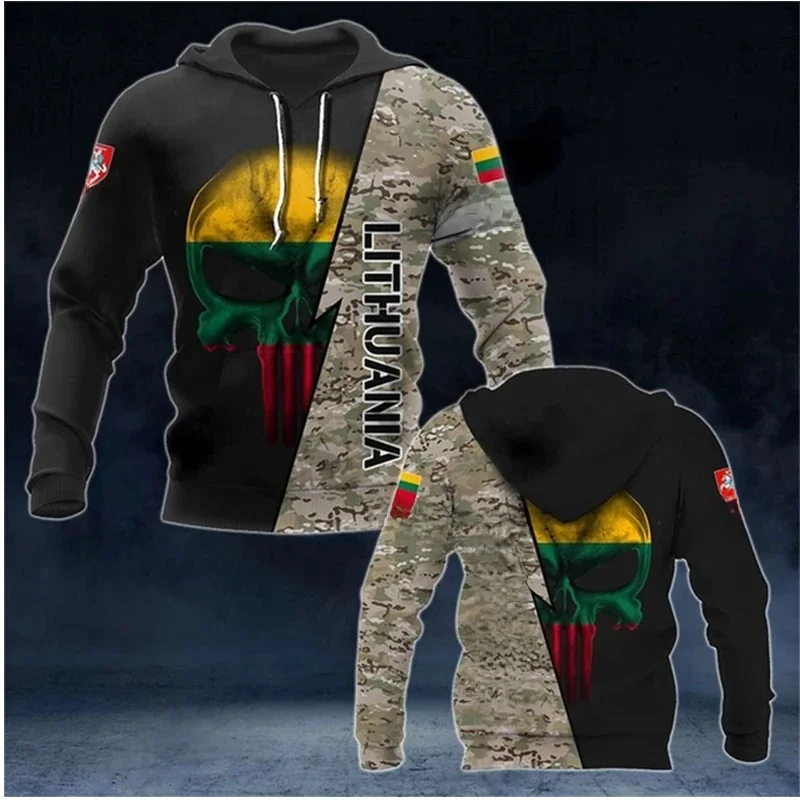 Lithuanian National Flag Emblem Camouflage Skull Warrior 3D Printing Men Fashionable Sports Outdoor Leisure Cool Hip-hop Hoodie