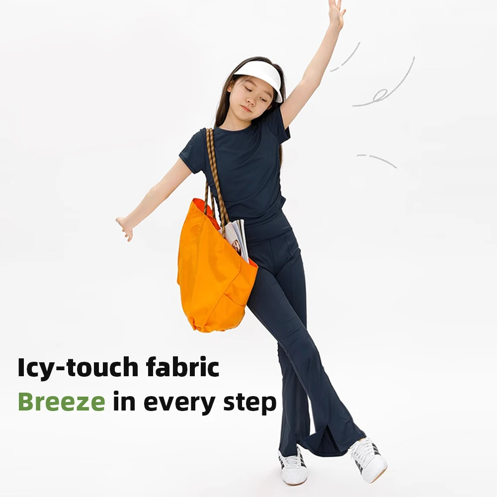 Girl's Cropped Ruched Sides Summer Sports Tee, Quick-Dry, Lightweight, Icy touch