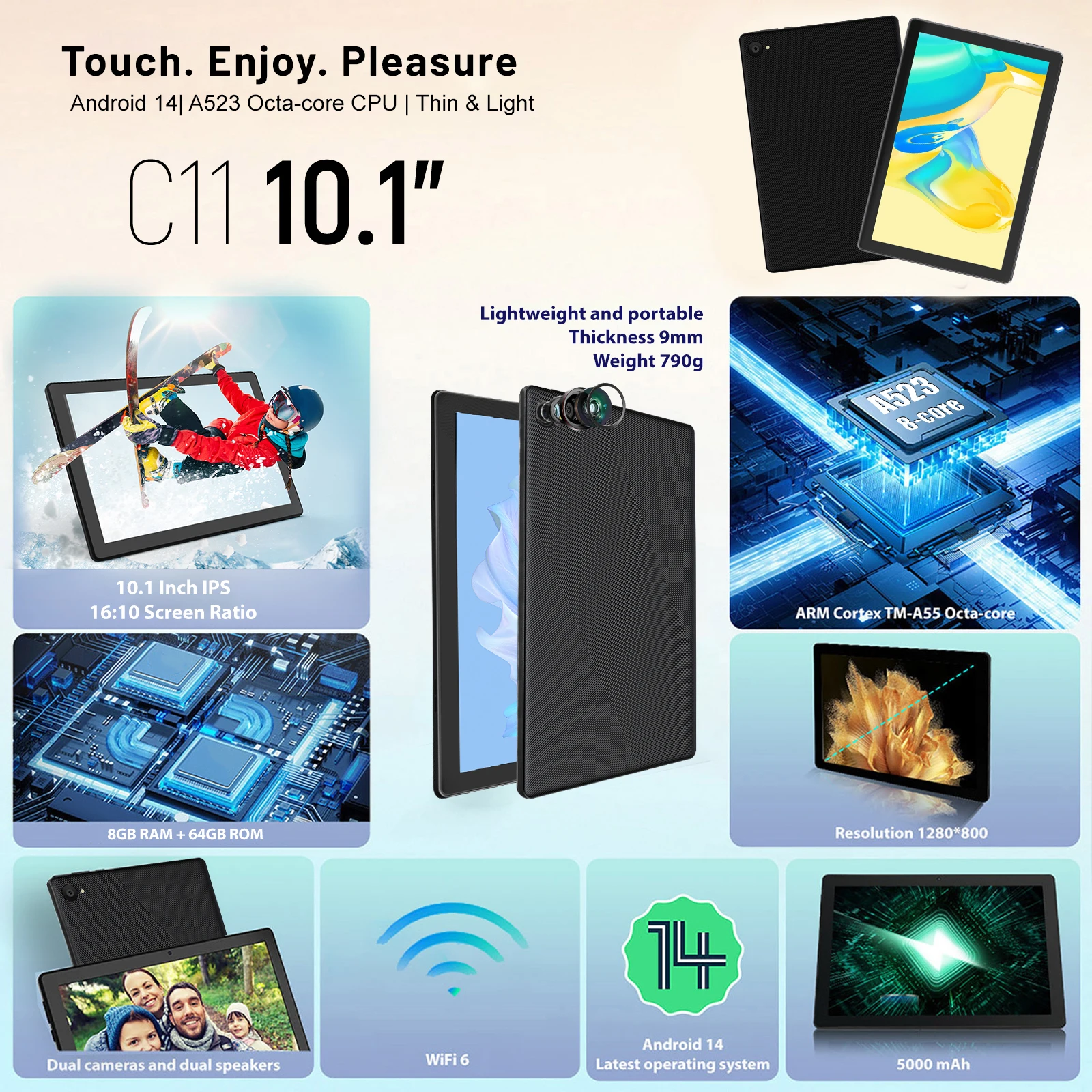 10.1 Inch Black Tablet PC C11 Octa Core A523 Android 14 8GB RAM 64GB ROM Widevine L1 5000mAh Dual Camera OTG WiFi BT5.4 US Local Warehouse